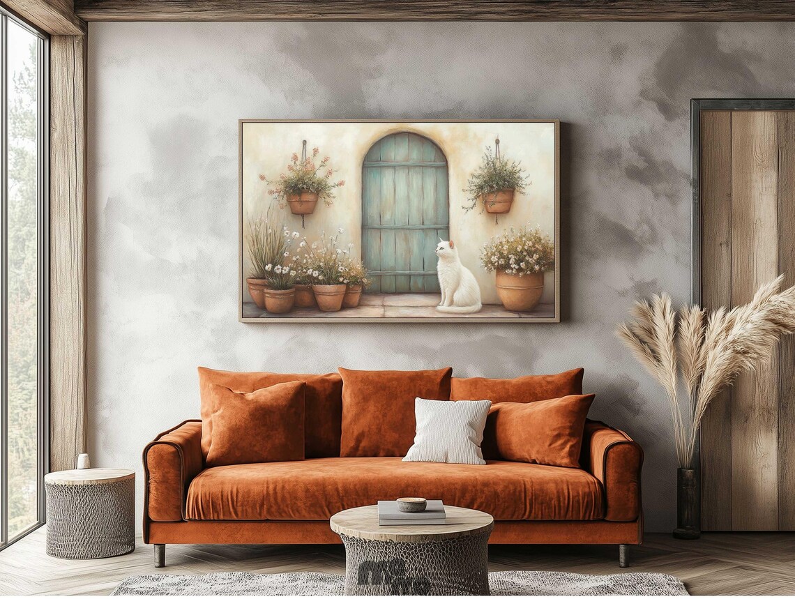 Rustic Cat And Flowers, Mediterranean Boho Art Print - Image 3