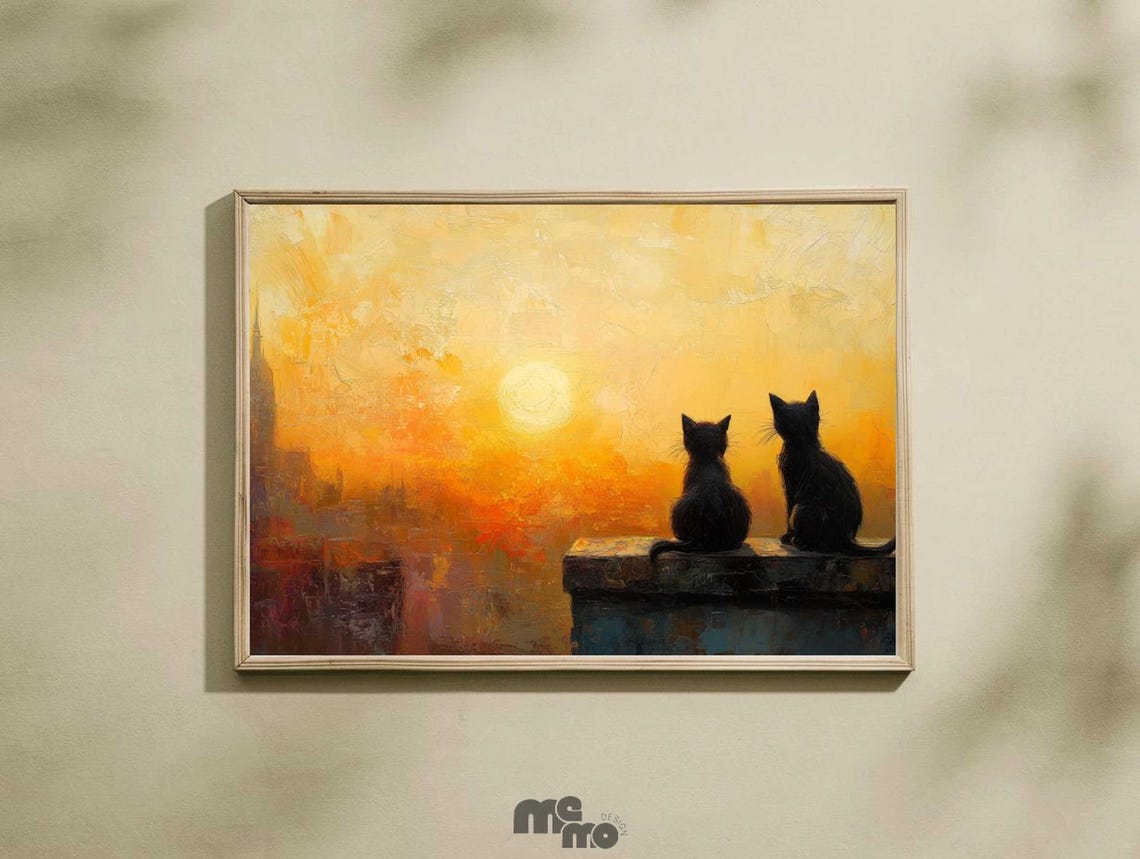 Two Black Cats Watching Sunset, Minimalist Art Print