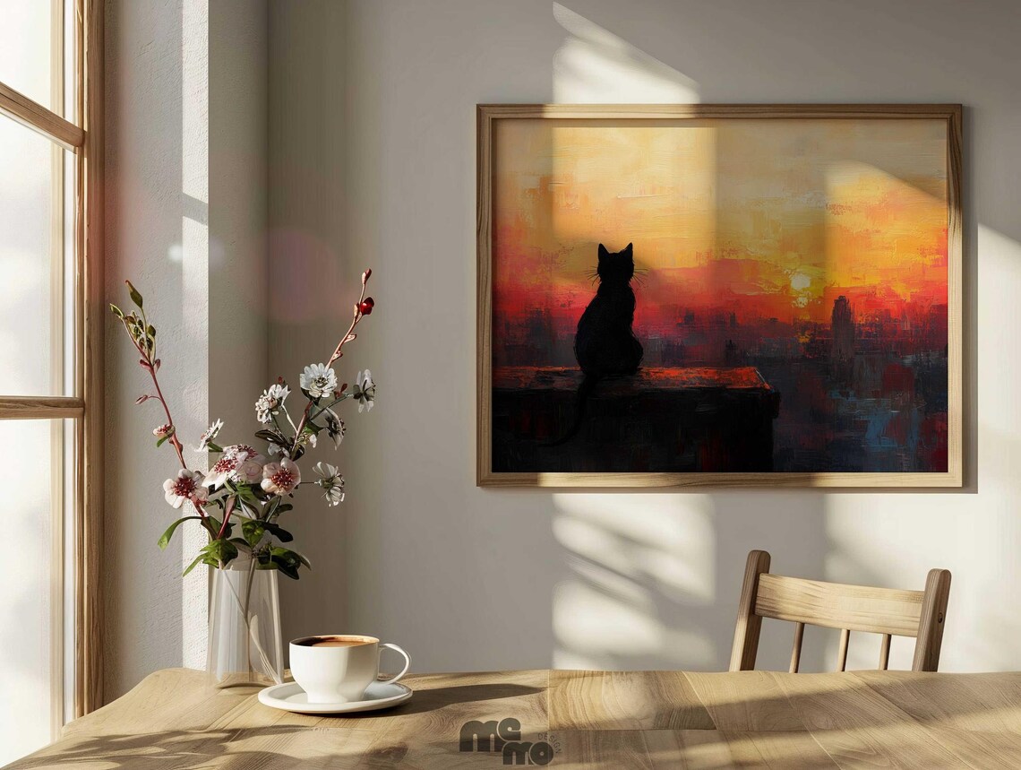 Black Cat Watching Sunset, Rustic Cozy Home Decor - Image 6