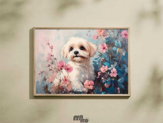Maltese Dog Floral Wall Art White Puppy Rococo Painting Cute Pet Portrait For Lovers Gift Boho Home Decor