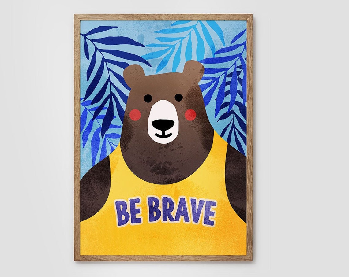 Be Brave Bear Wearing Yellow Jersey Kids Motivational Art Poster