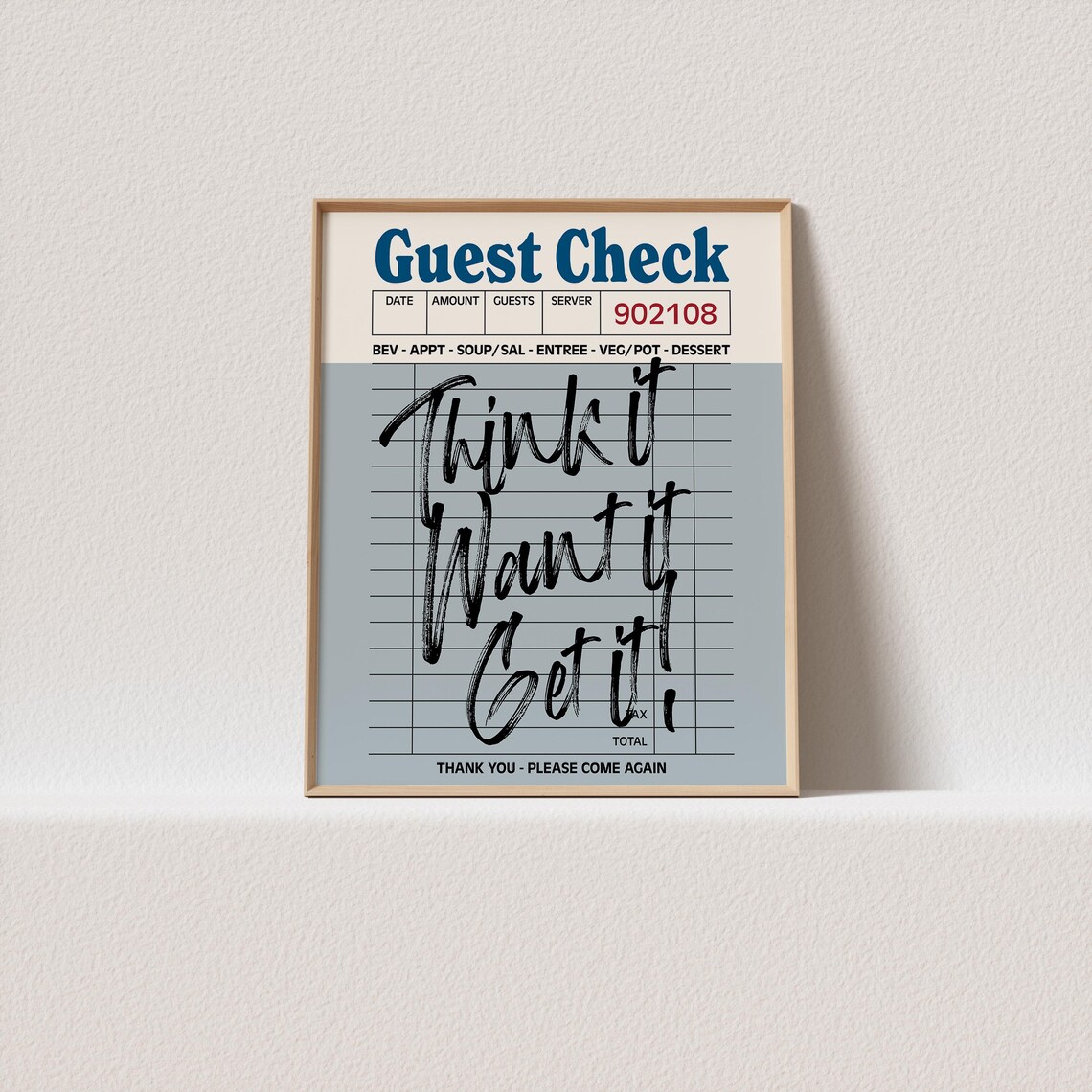 Think It Want It Get It Guest Check Blue Retro Diner Receipt Poster