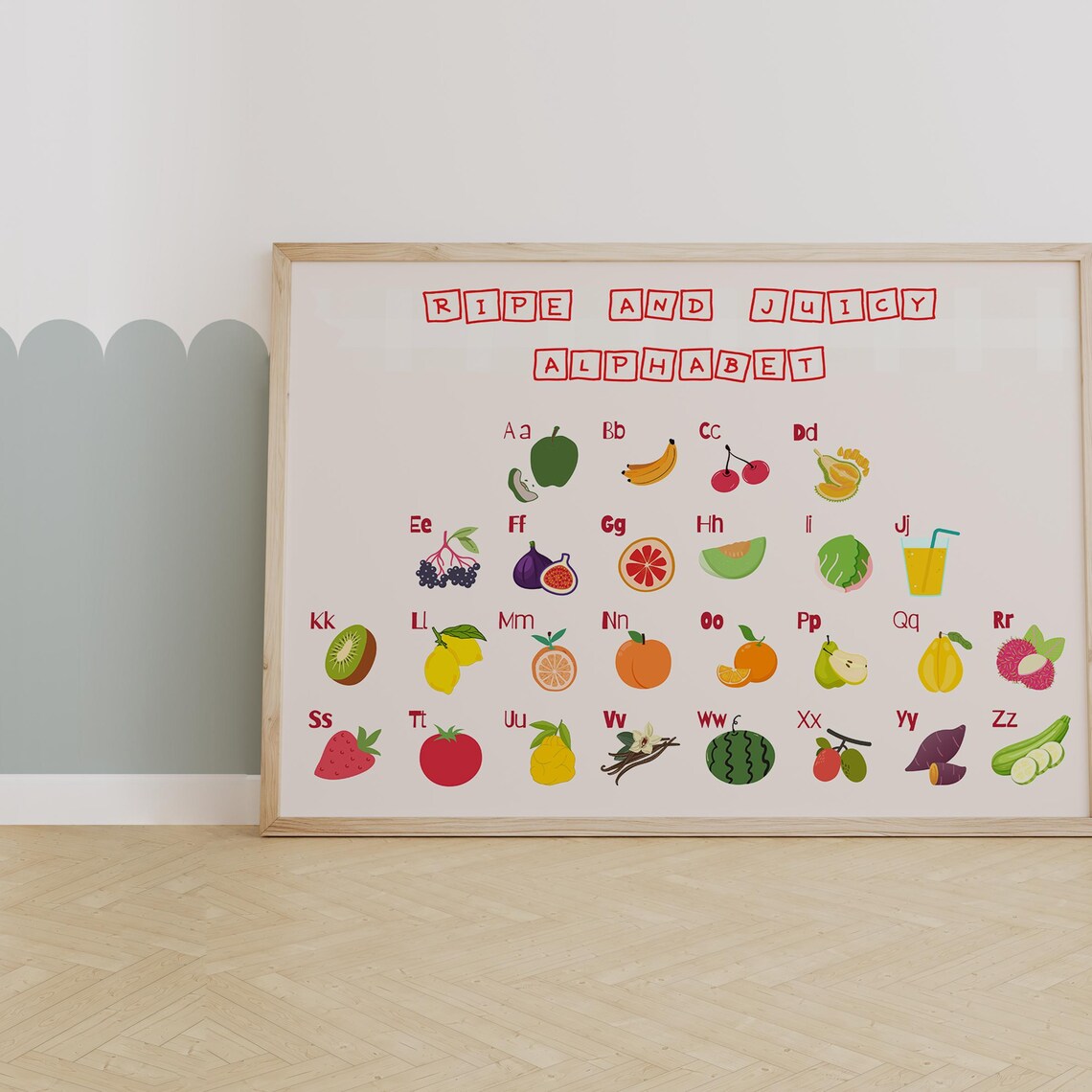 Fruit Alphabet Chart Educational Abc Poster For Kids Colorful Nursery Wall Art