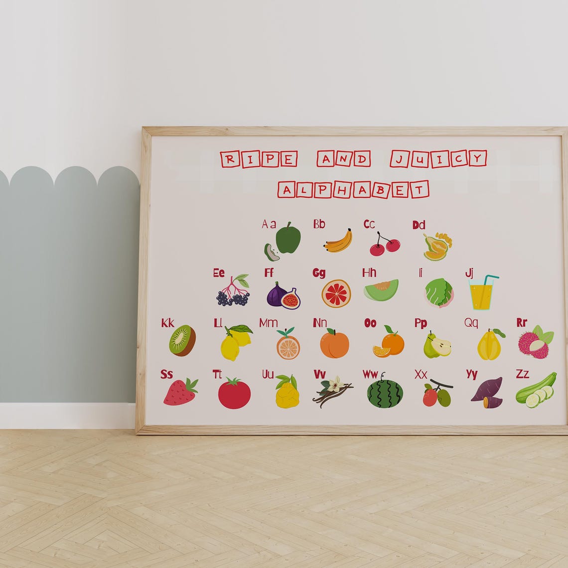 Ripe and Juicy Fruit Alphabet Chart A to Z Kids Learning Poster
