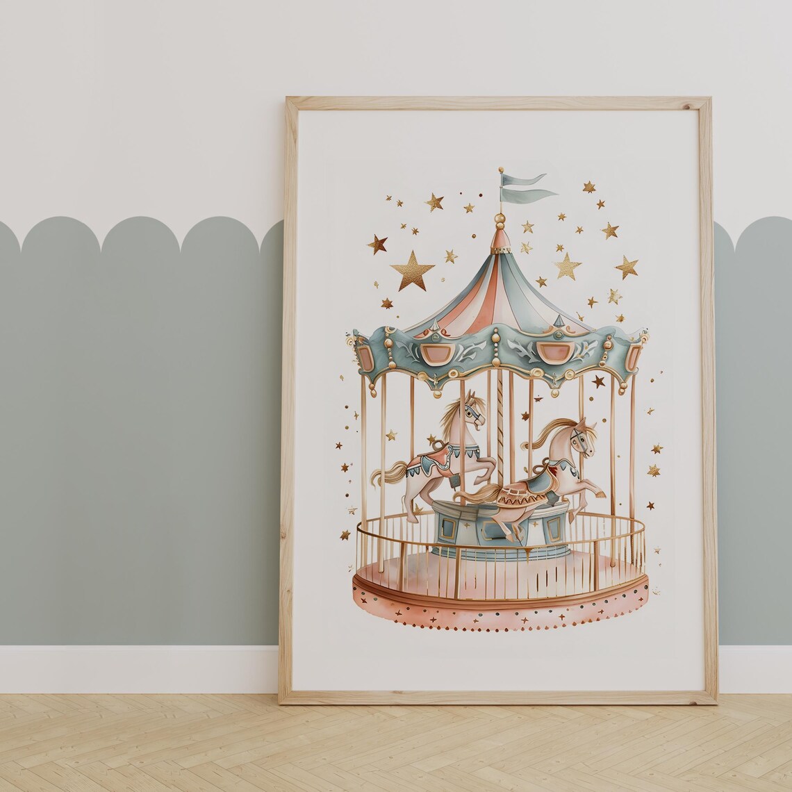 Pastel Carousel With Horses Golden Stars Watercolor Nursery Poster