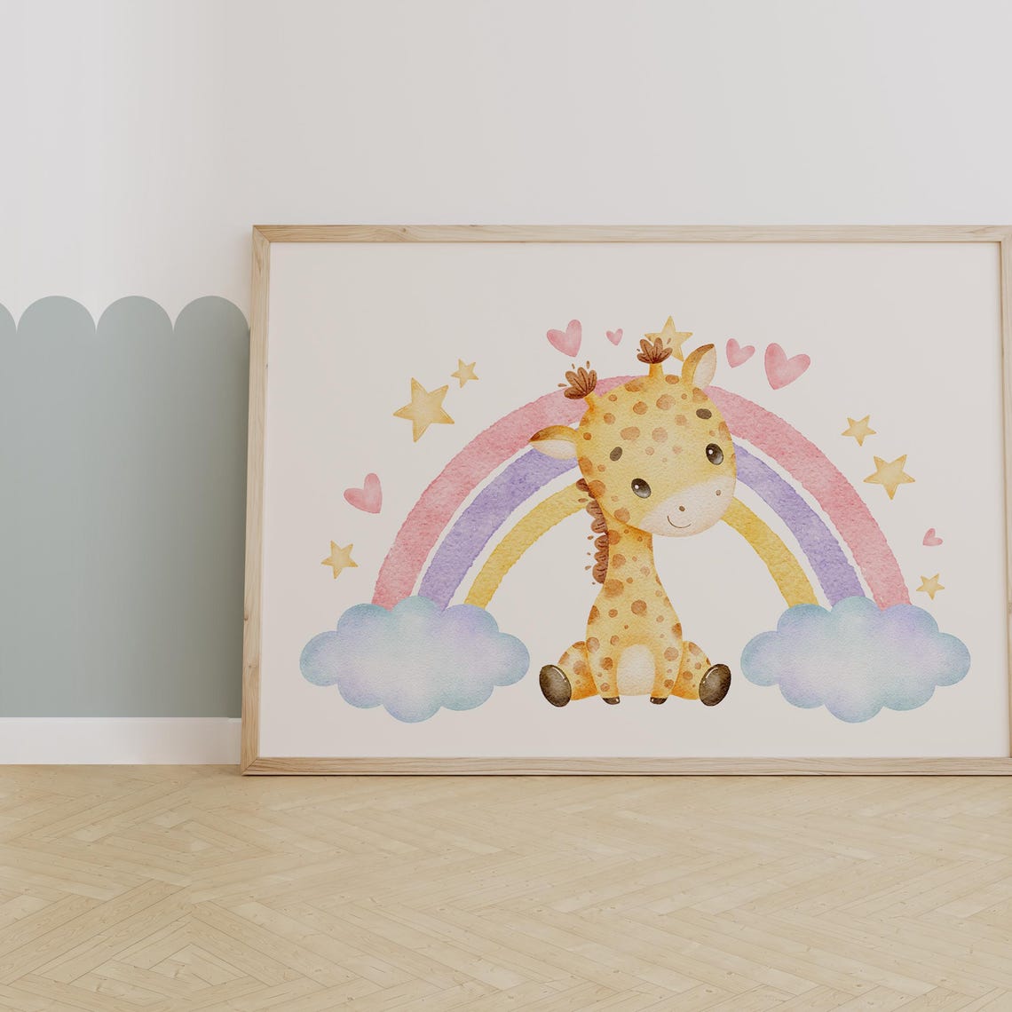 Baby Giraffe Beneath a Pastel Rainbow Watercolor Nursery Poster