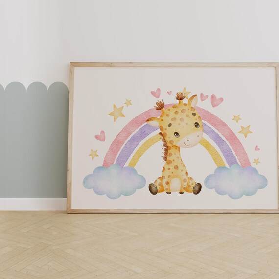 Baby Giraffe Beneath a Pastel Rainbow Watercolor Nursery Poster