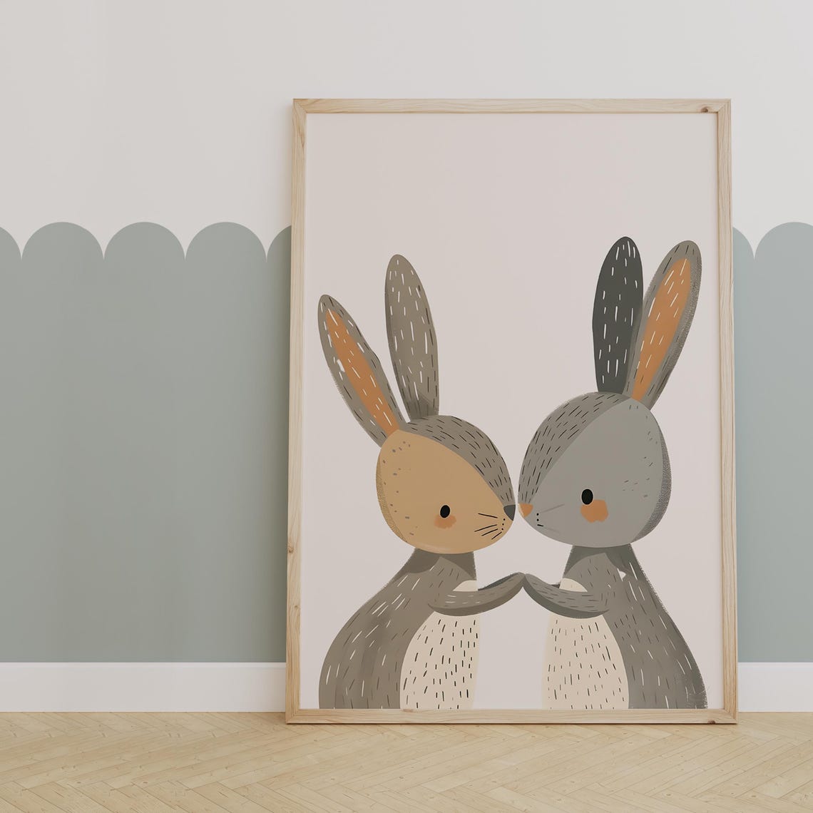 Two Snuggling Bunnies Nose to Nose Scandinavian Nursery Poster