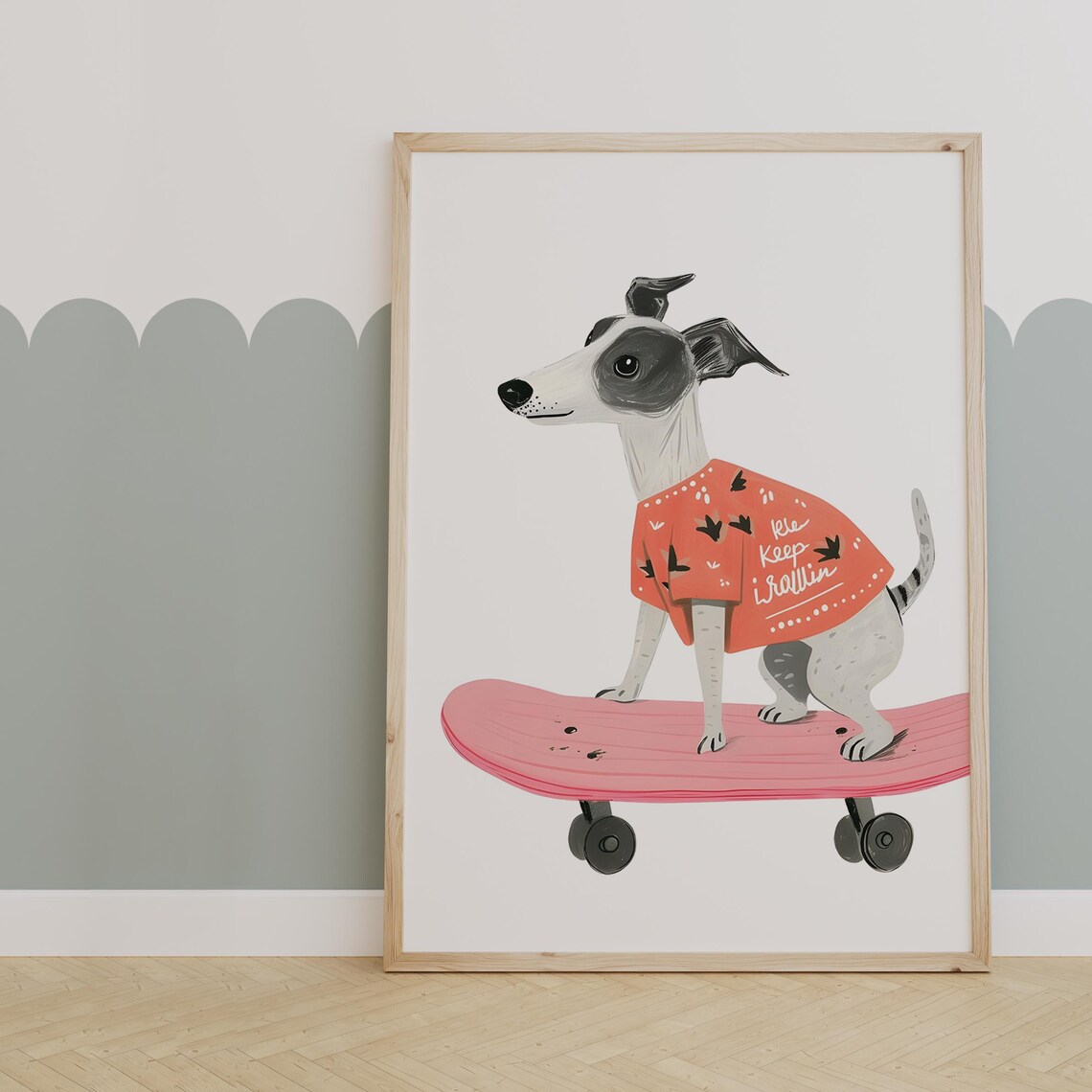 Whippet in a Coral Shirt Cruising on a Pink Skateboard Poster
