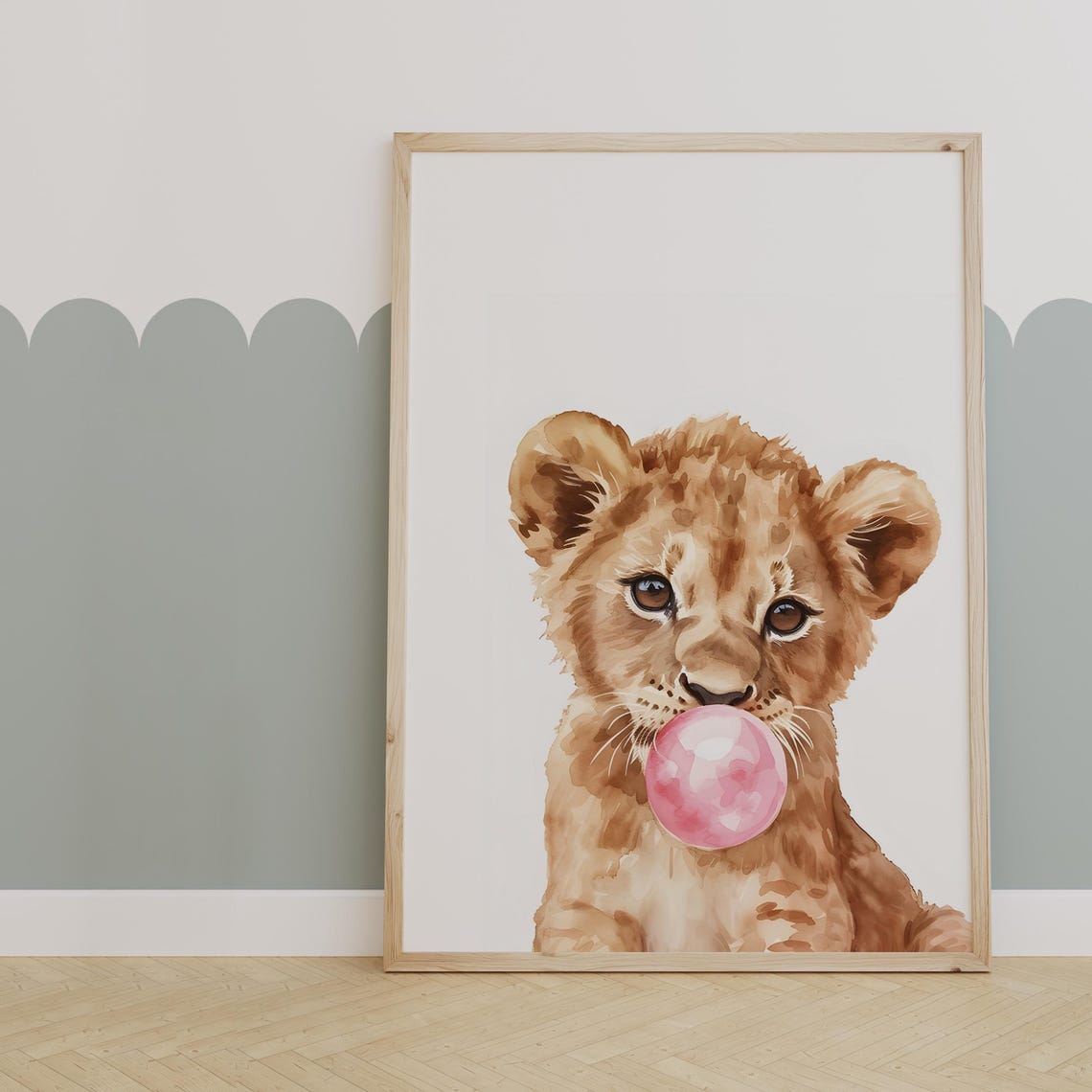 Lion Cub Blowing Pink Bubble Gum Cute Watercolor Kids Room Poster