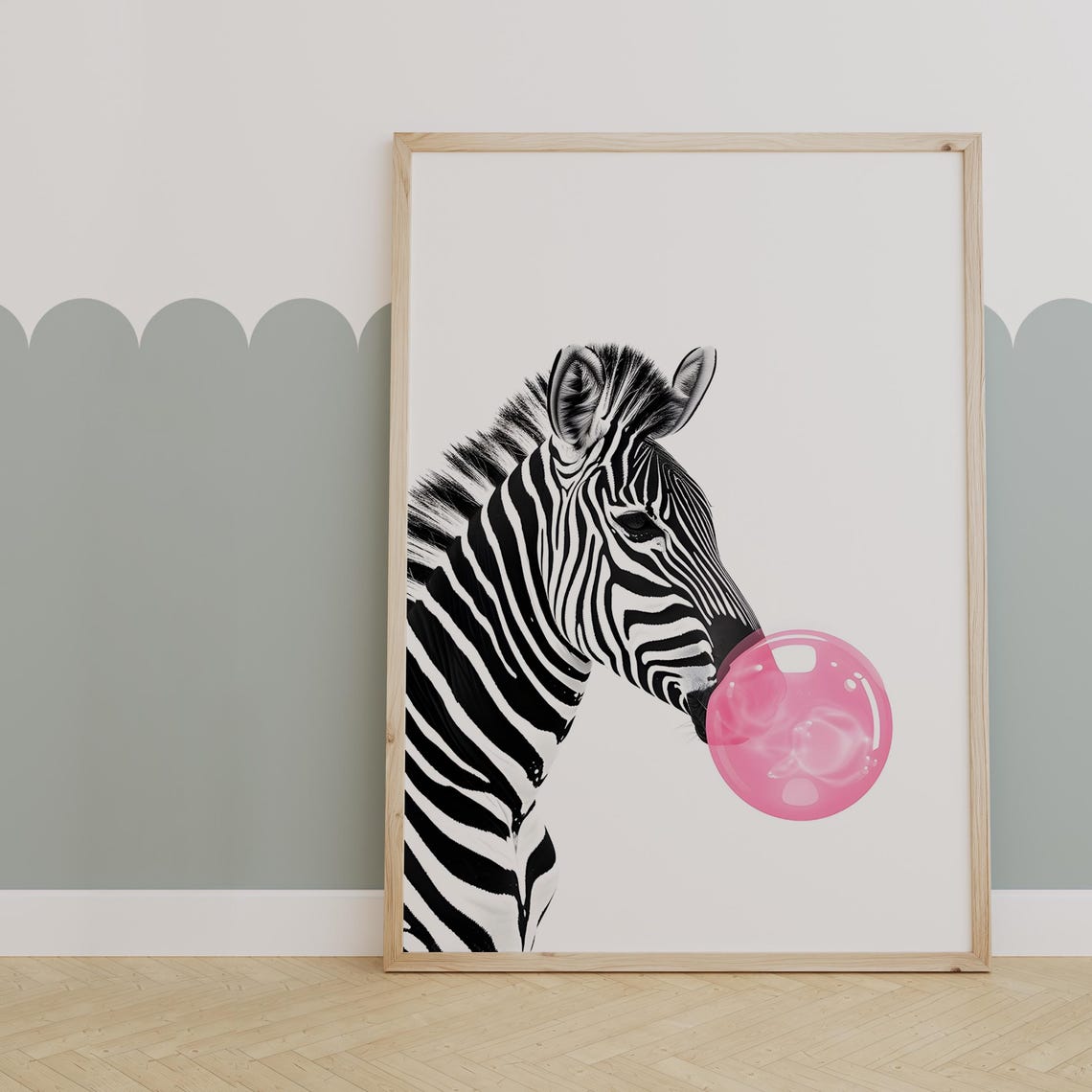 Zebra Blowing Pink Bubble Gum Funny Modern Animal Wall Decor Poster