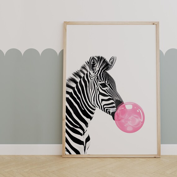 Zebra Blowing Pink Bubble Gum Funny Modern Animal Wall Decor Poster