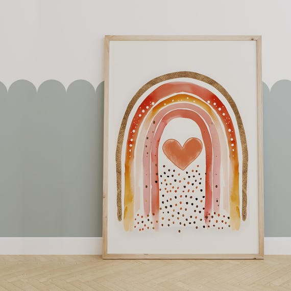 Boho Rainbow Heart Wall Art Warm Tones For Nursery Kids Room Decor