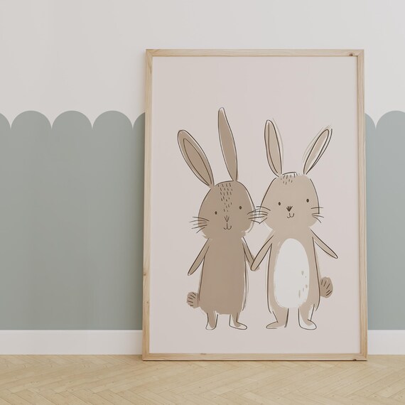 Hand-Drawn Rabbit Pair Holding Paws Neutral Beige Nursery Poster