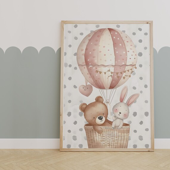 Teddy Bear and Bunny Riding a Pink Hot Air Balloon Nursery Poster