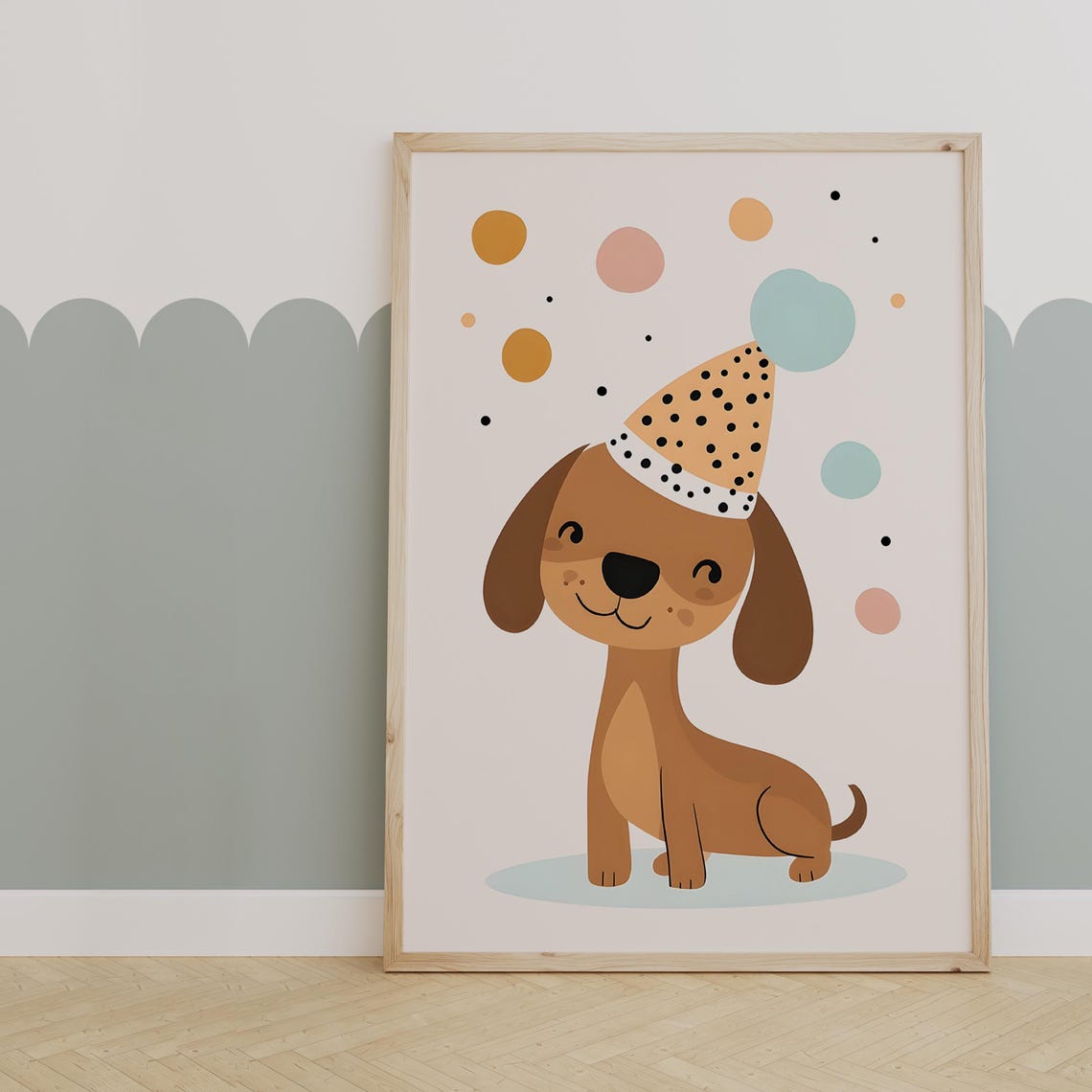 Grinning Brown Puppy in Party Hat With Confetti Circles Poster
