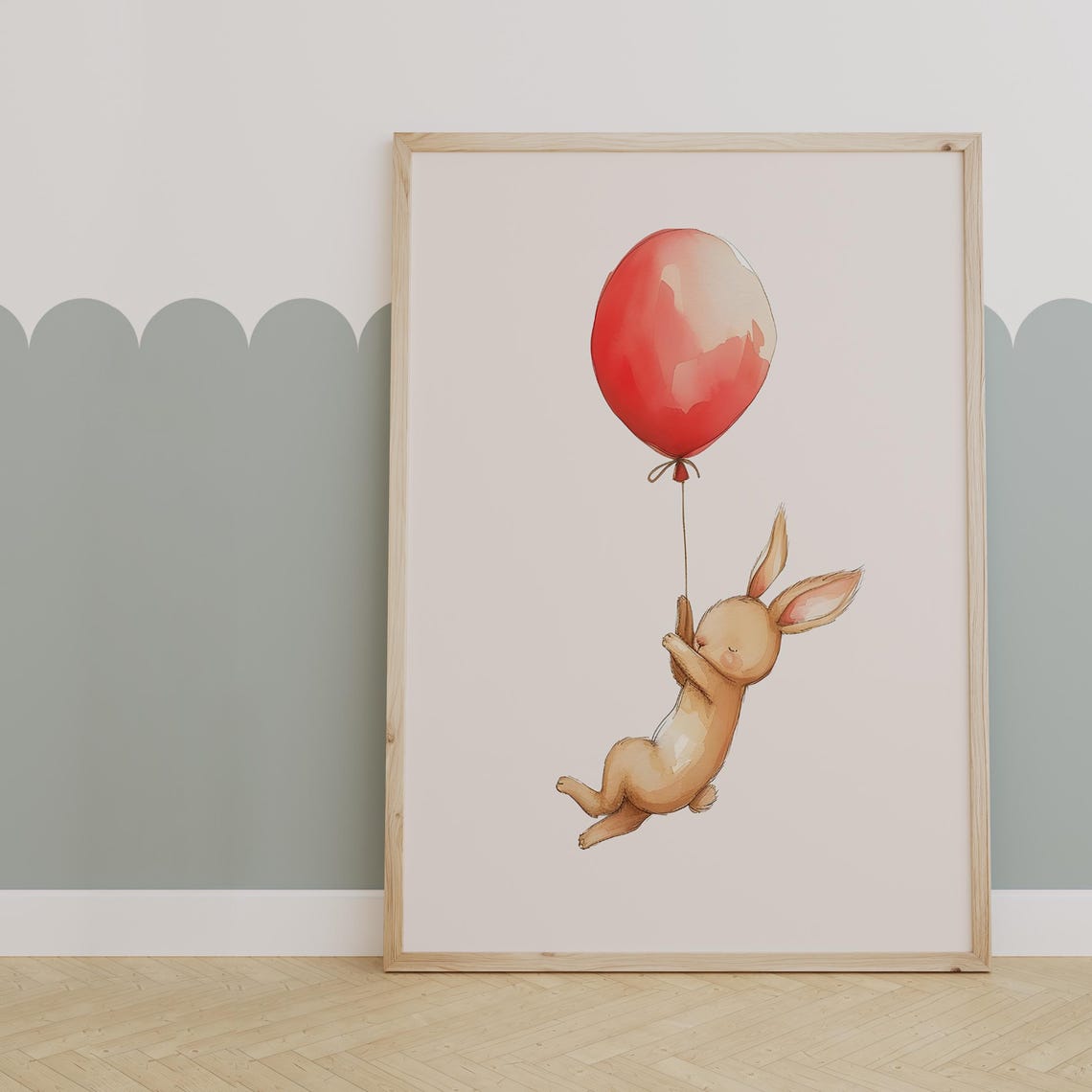 Tiny Watercolor Bunny Floating Away With a Red Balloon Poster