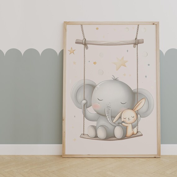 Sleeping Baby Elephant and Bunny Sharing a Wooden Swing Poster