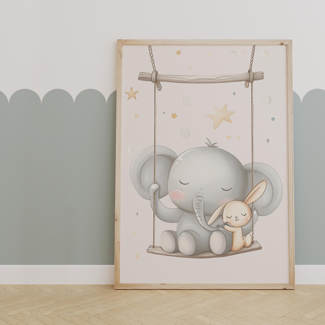 Sleeping Baby Elephant and Bunny Sharing a Wooden Swing Poster