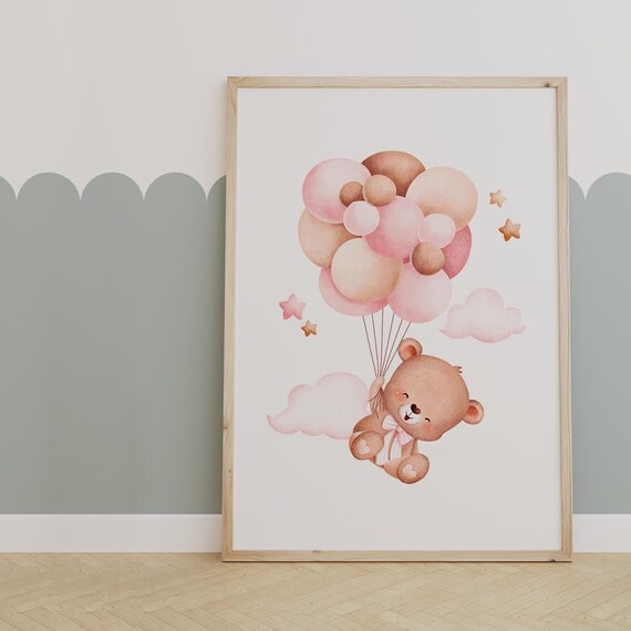 Smiling Teddy Bear Carried by Pink and Cream Balloons Poster