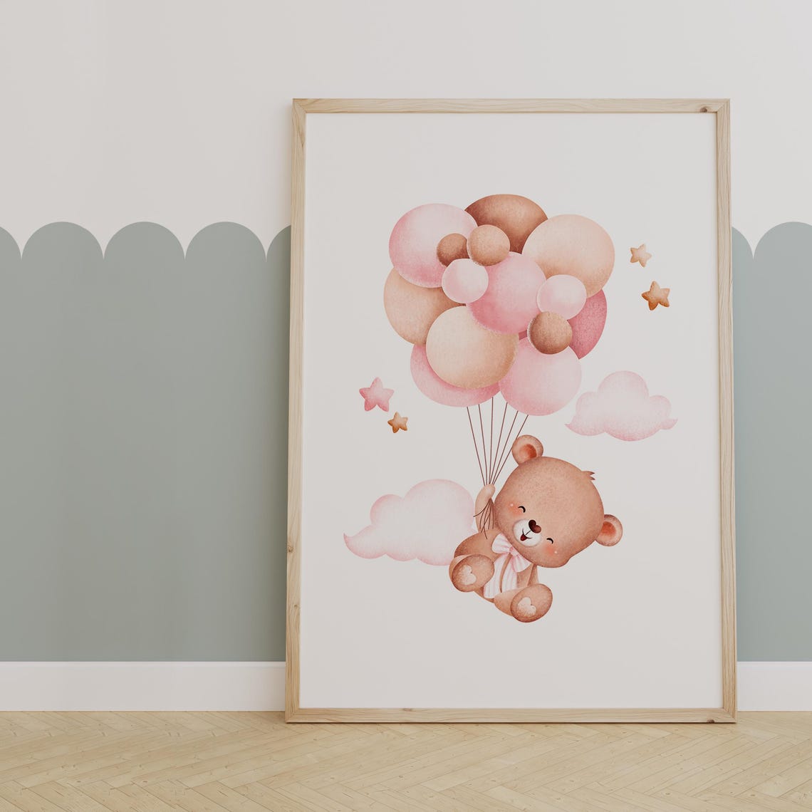 Smiling Teddy Bear Carried by Pink and Cream Balloons Poster