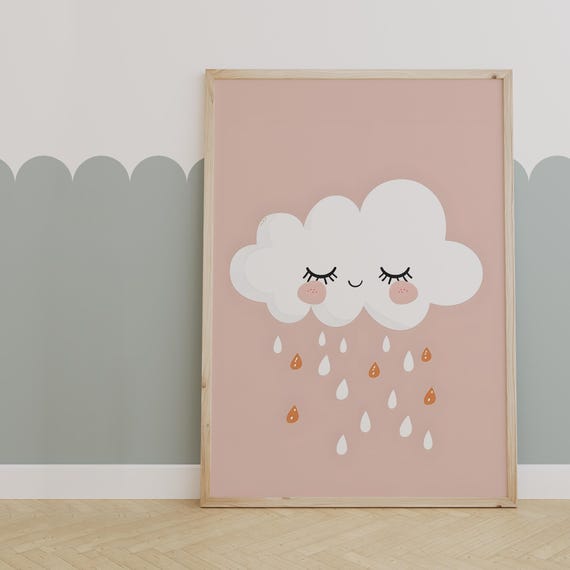 Adorable Blush Cloud Wall Art Cute Rainy Day Nursery Print For Kids Room Decor