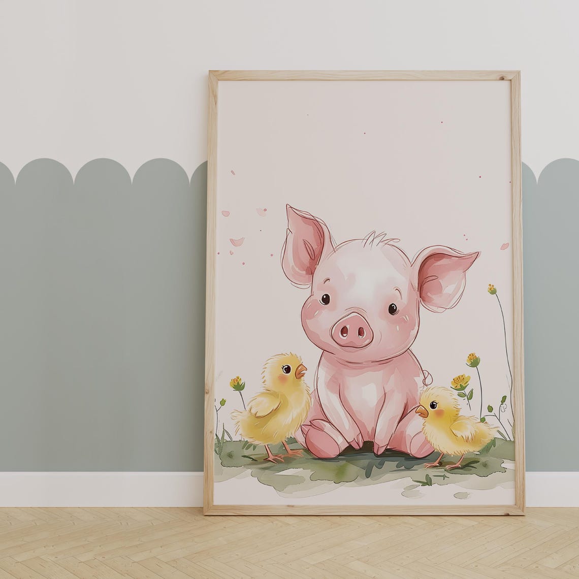 Pink Piglet Snuggling With Two Yellow Chicks in Flowers Poster