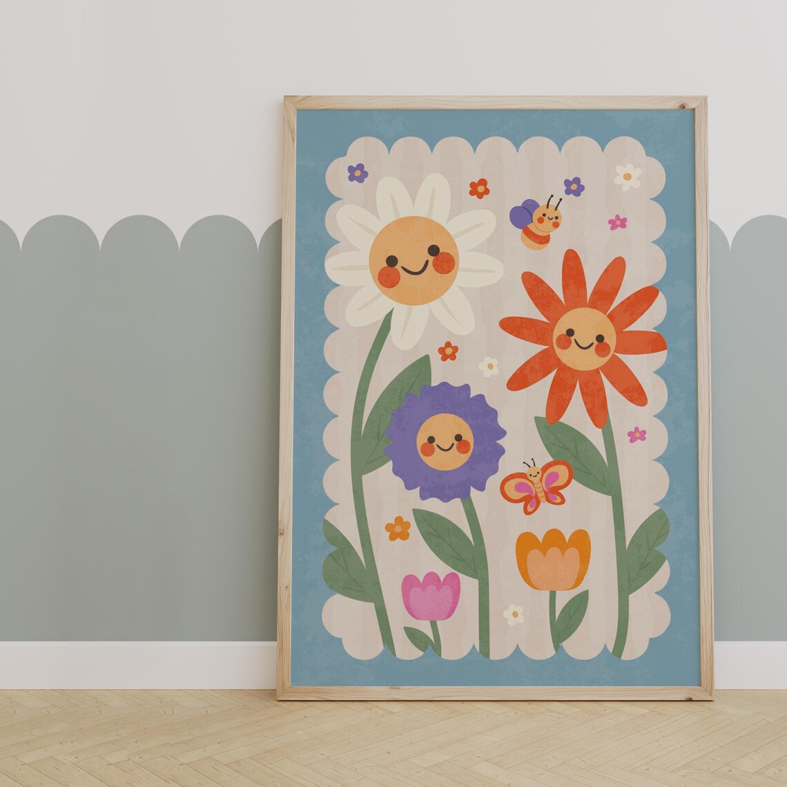 Smiley Flowers Retro Botanical Nursery Art Print