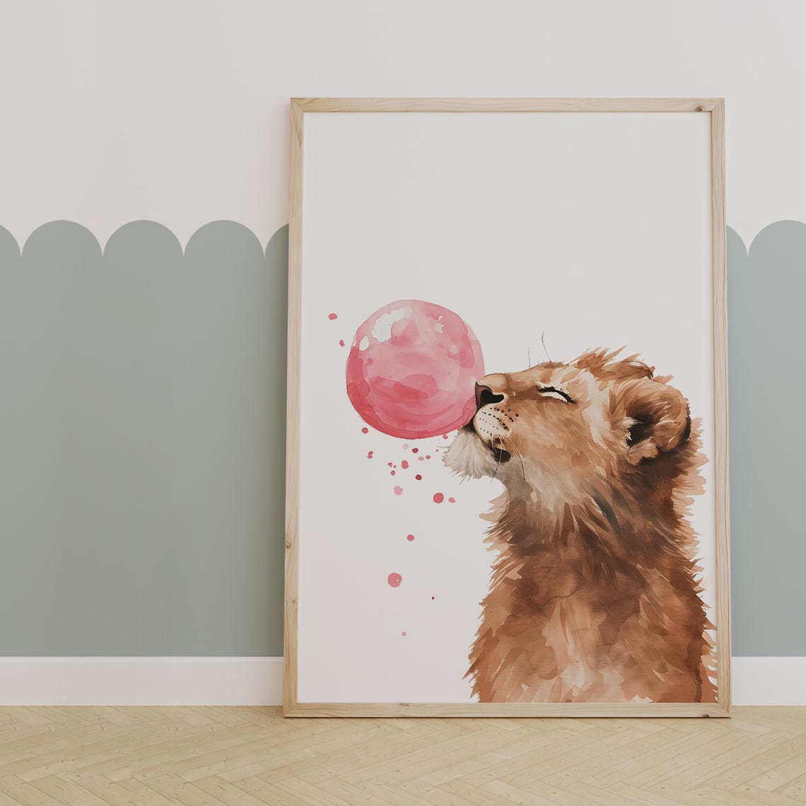 Playful Lion Cub Blowing a Giant Pink Bubblegum Bubble Poster