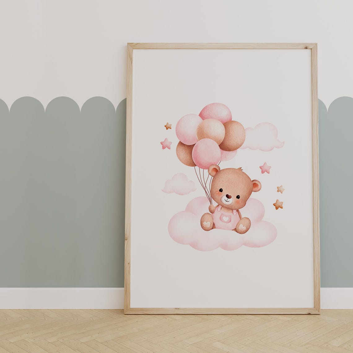 Sweet Teddy Bear Floating on Balloons Above Pink Clouds Poster