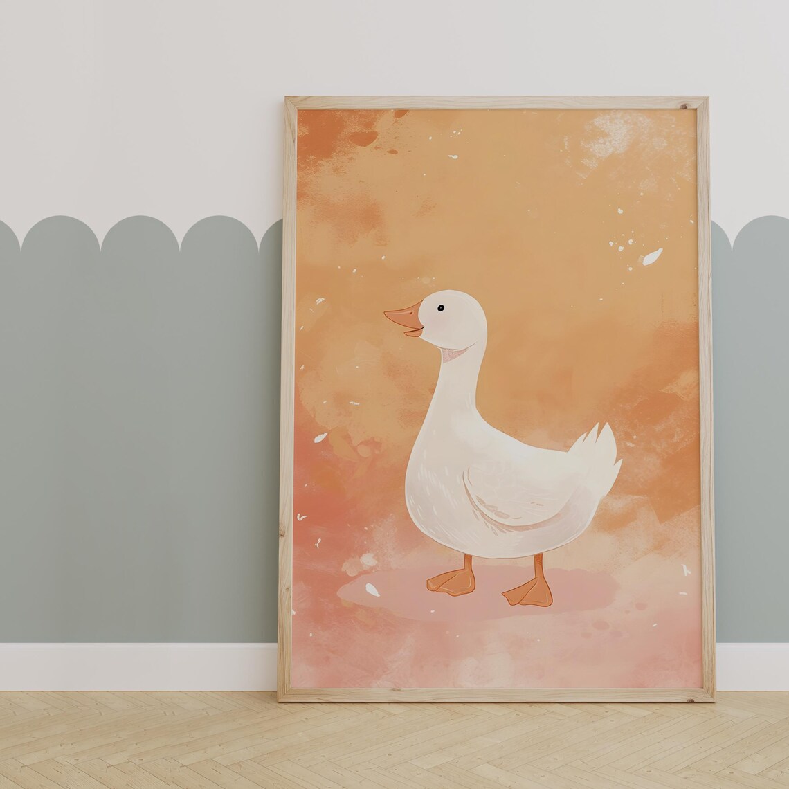 Cheerful White Duck Standing on a Warm Orange Watercolor Poster