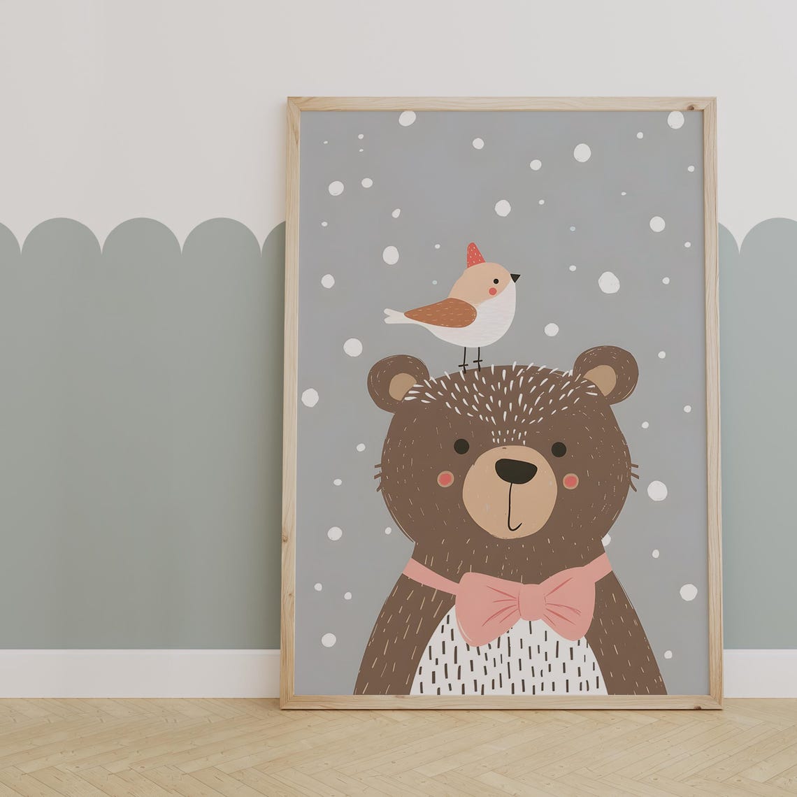Cozy Brown Bear in Pink Bow Tie With Bird on a Snowy Day Poster