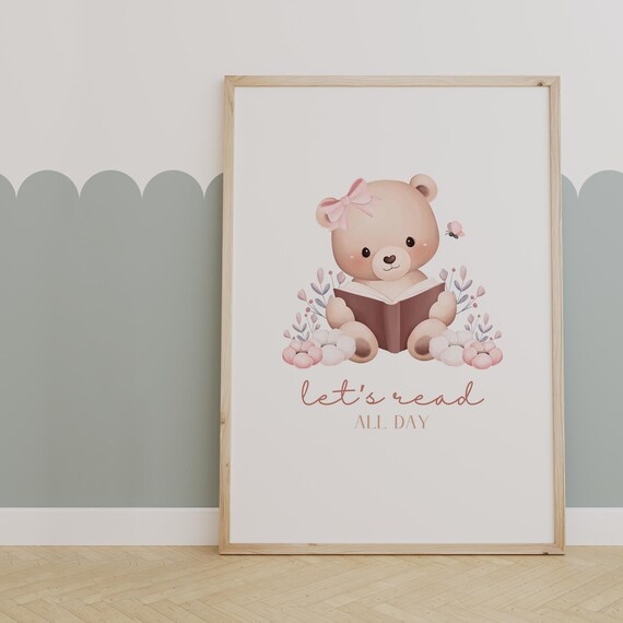 Let's Read All Day Teddy Bear With Book Floral Quote Art Poster