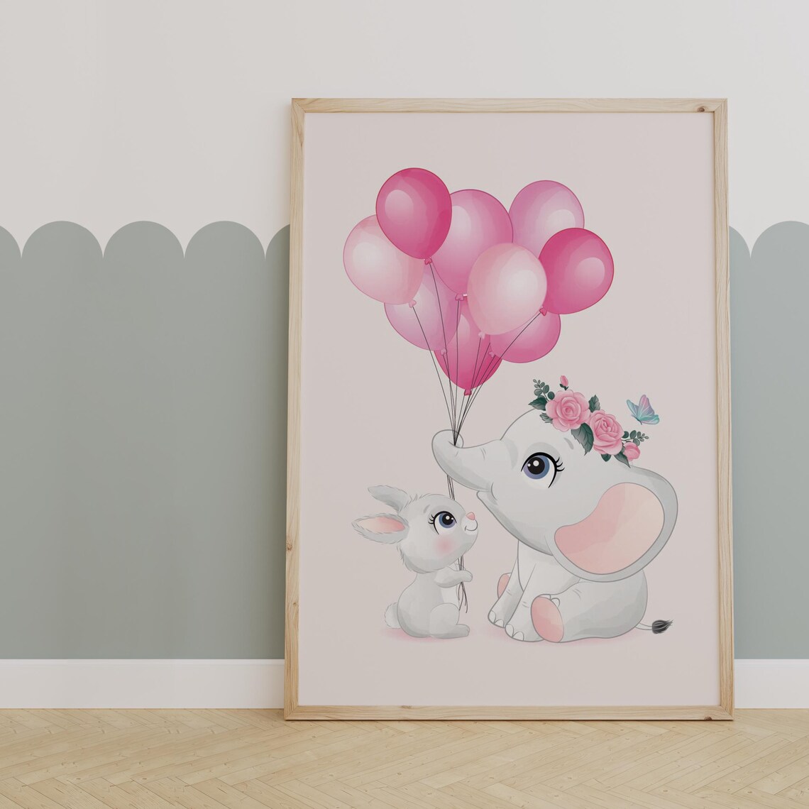 Baby Elephant and Bunny Holding Pink Balloons Floral Crown Poster