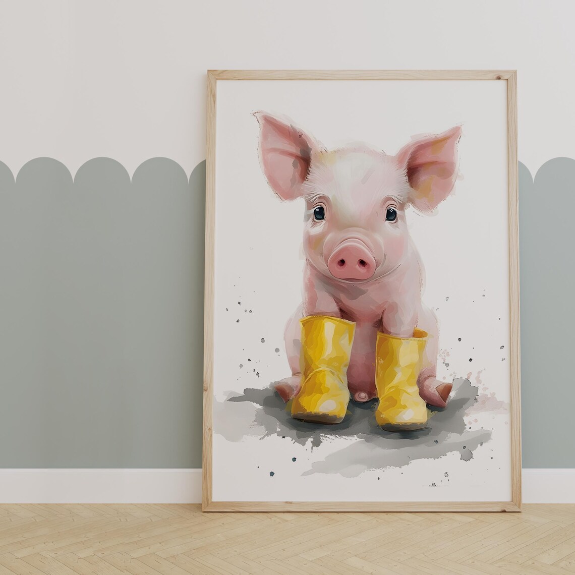 Pink Piglet in Bright Yellow Rain Boots Watercolor Splash Poster