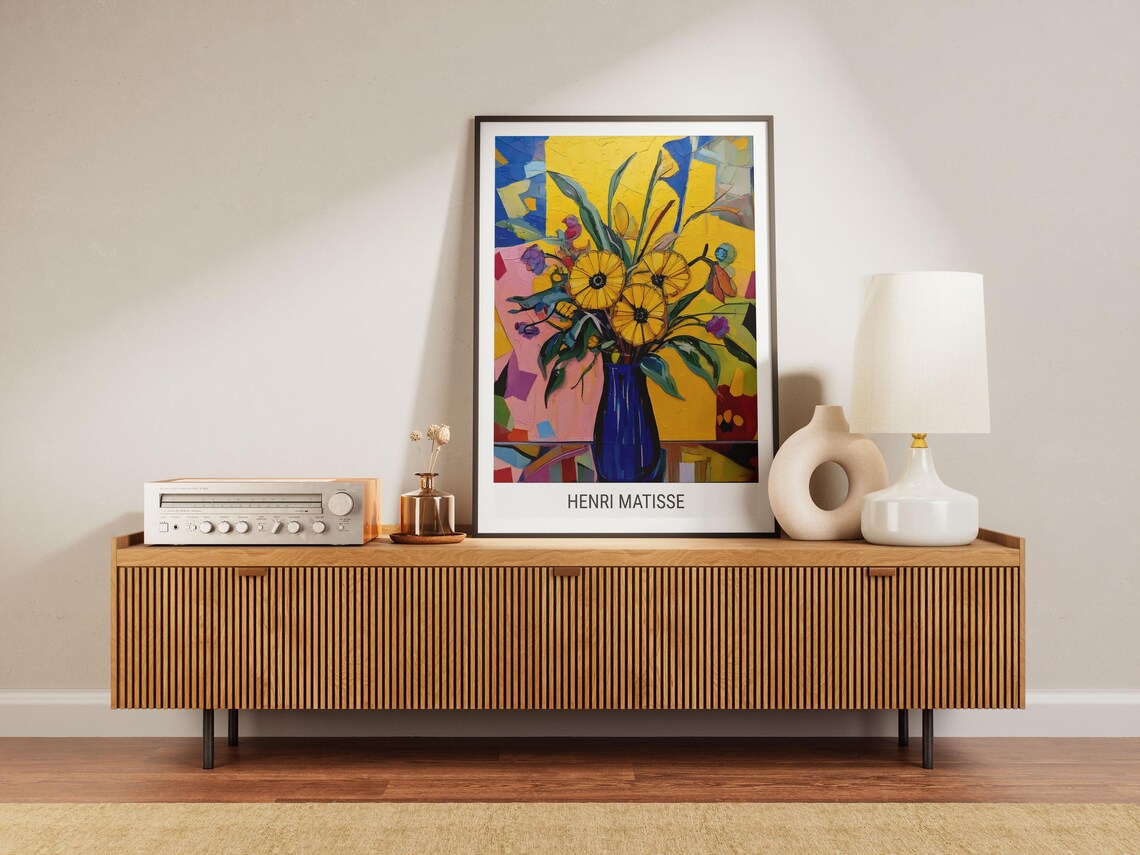 Bright Matisse Style Sunflower Bouquet in a Blue Vase Art Poster - Image 4