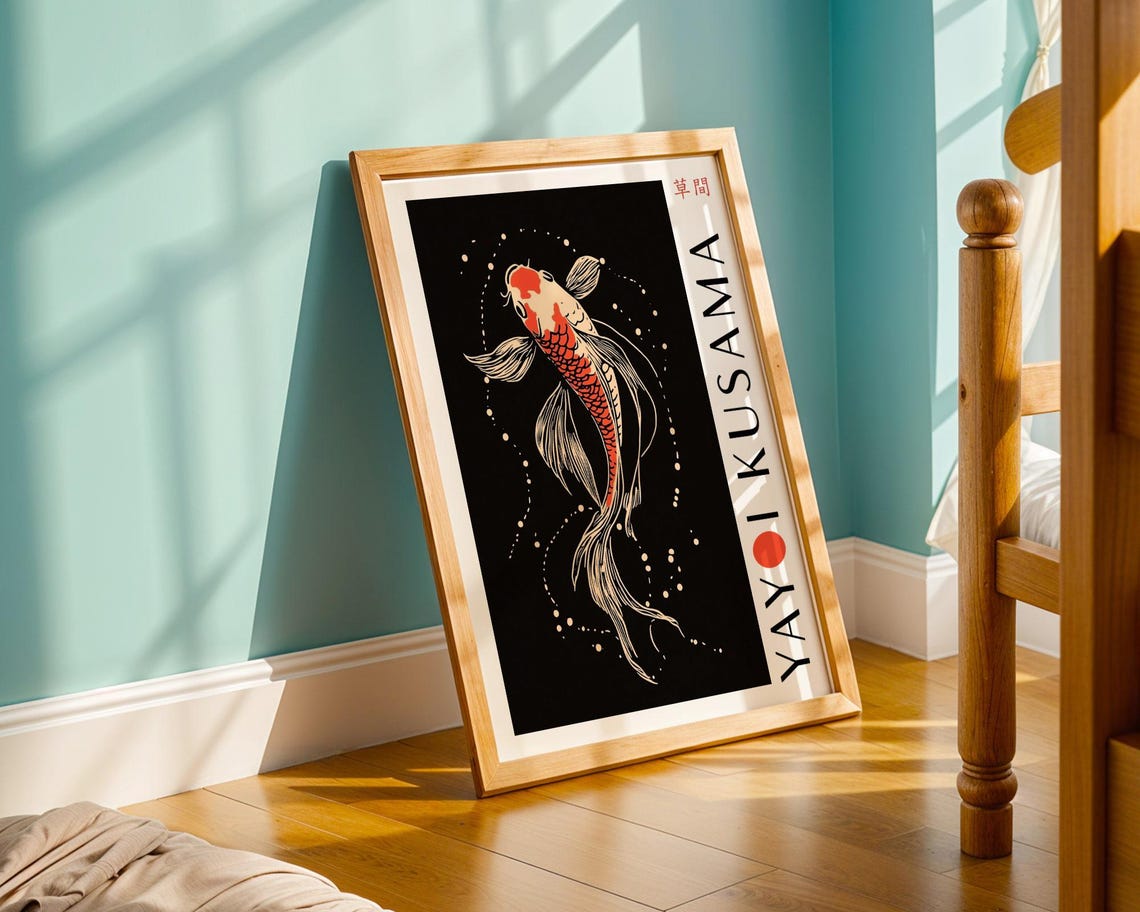 Red And White Koi Fish Swimming Upward In Dotted Black Water Poster - Image 5