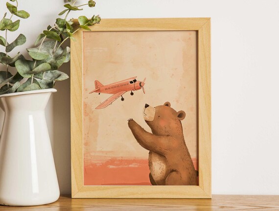 Brown Bear Reaching For Coral Vintage Airplane Nursery Poster