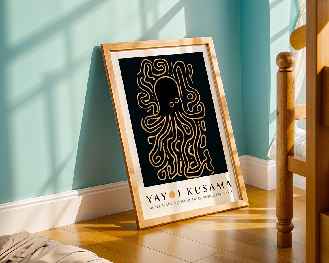 Golden Line Art Octopus With Tentacles On Black Kusama Museum Poster - Image 5