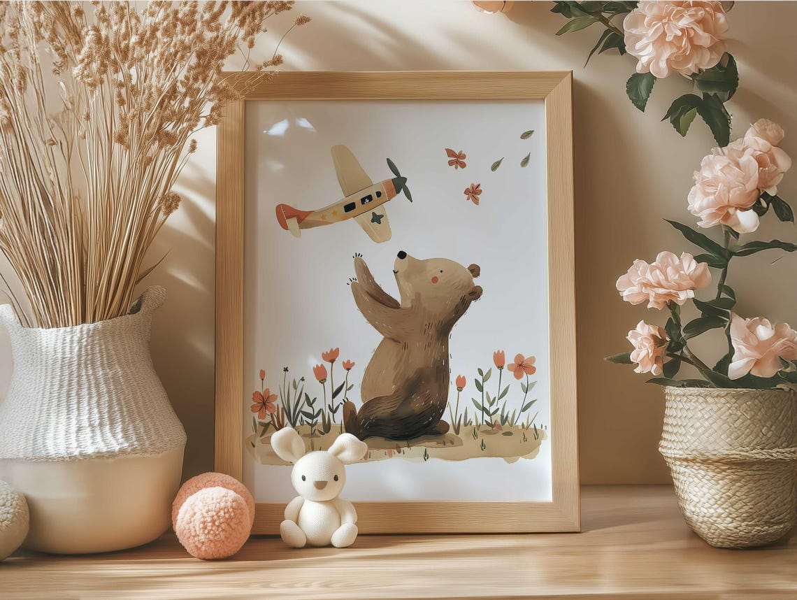 Playful Happy Brown Bear Reaching For Toy Airplane Nursery Poster - Image 5