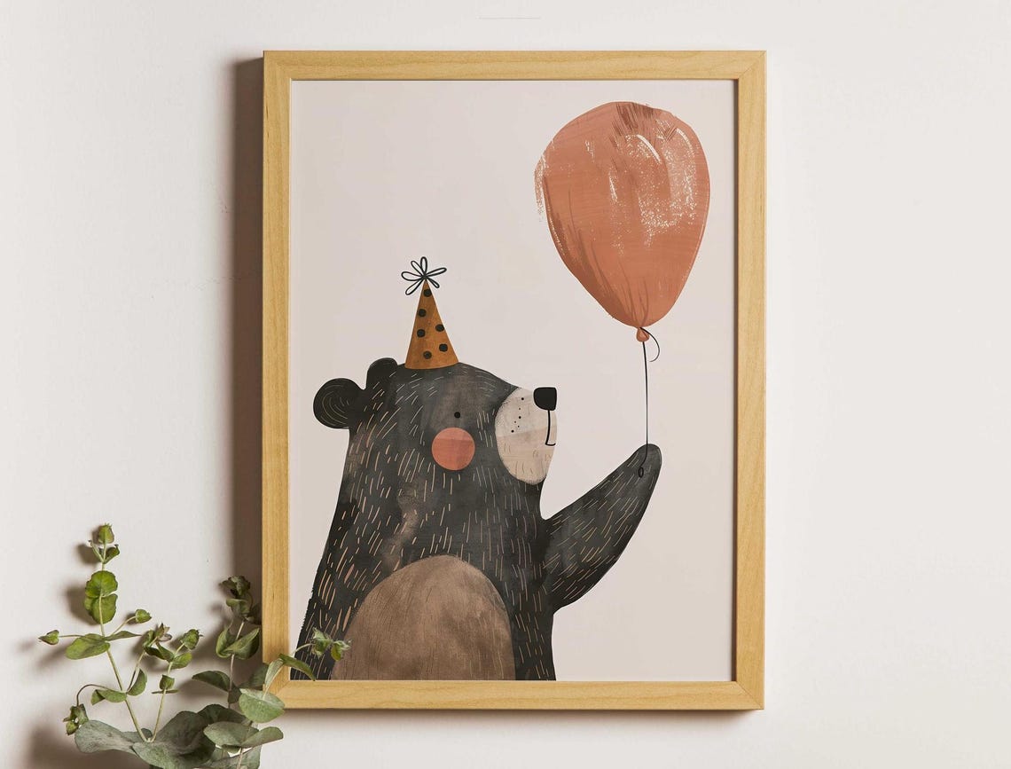 Black Bear With Party Hat Holding Big Terracotta Balloon Poster