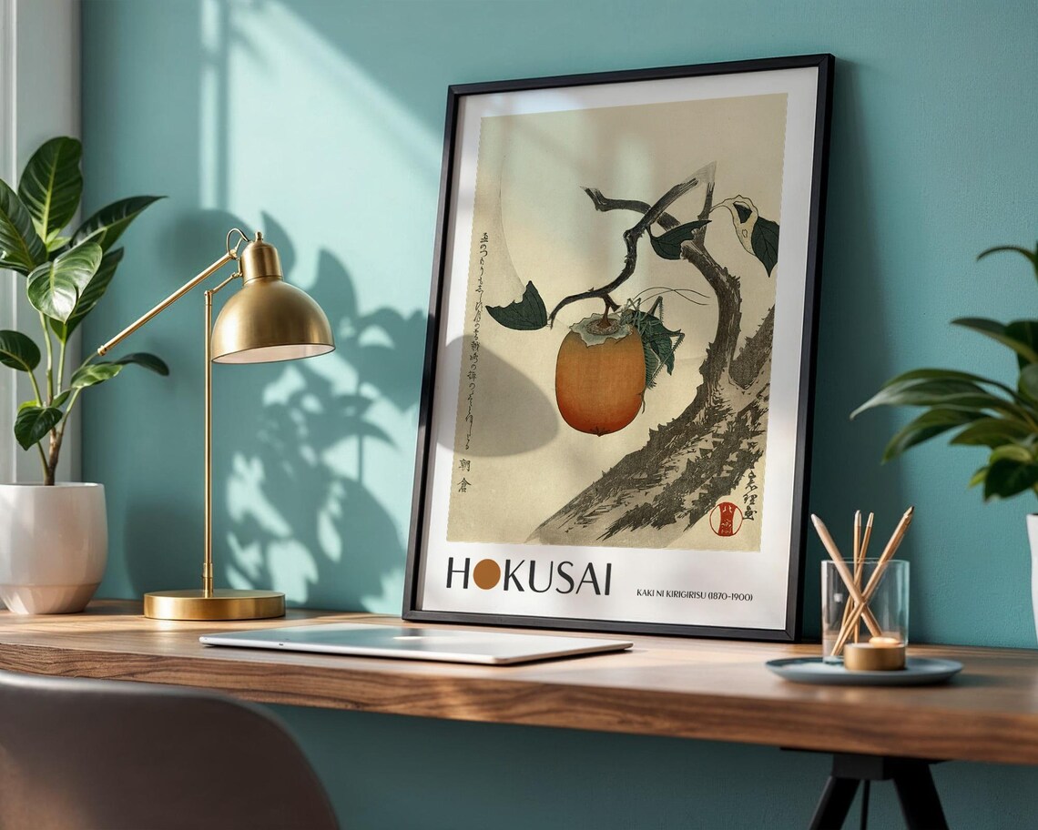 Katsushika Hokusai Persimmon With Grasshopper, Vintage Japan - Image 2