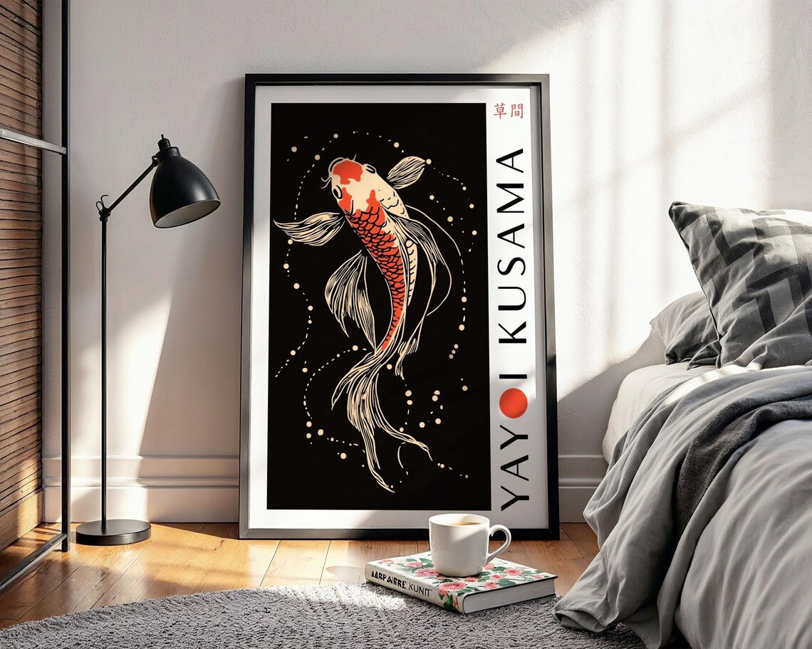 Red And White Koi Fish Swimming Upward In Dotted Black Water Poster - Image 2