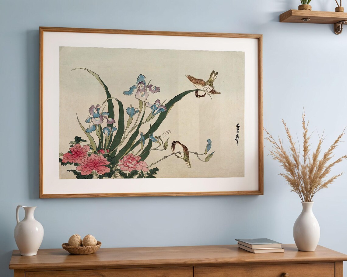 Katsushika Hokusai Iris Peonies Sparrows, Ukiyo-E - Image 4