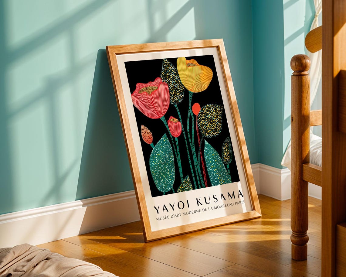 Yayoi Kusama Stylized Poppy Flowers on Black Dotted Museum Poster - Image 5