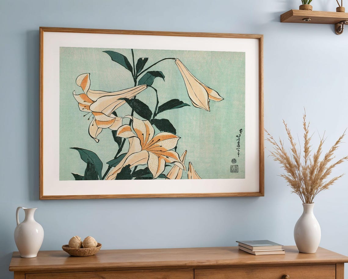 Katsushika Hokusai Print Lilies Wall Art Japanese Ukiyo E Art Vintage Japan Wall Decor Woodblock Style Japandi Print - Image 4