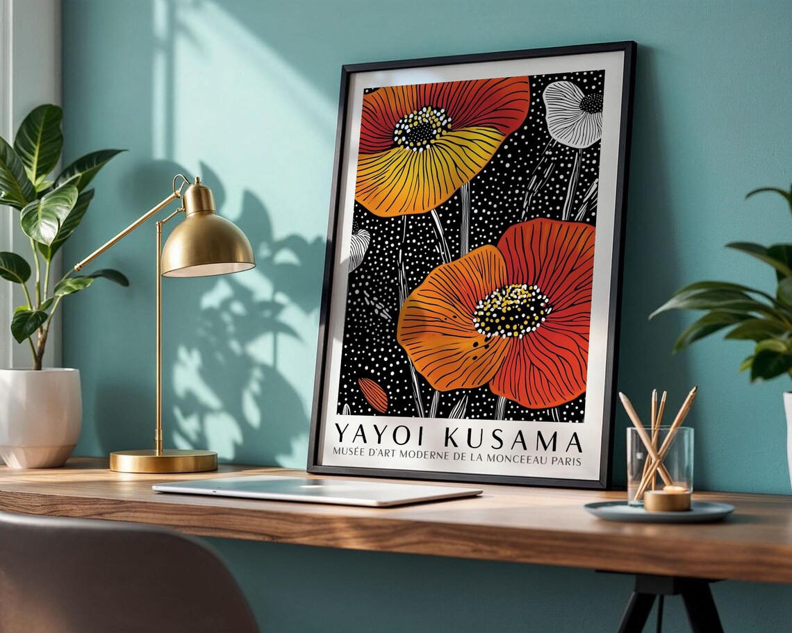 Yayoi Kusama Fiery Red Poppy Flowers on Black Dotted Museum Poster - Image 4