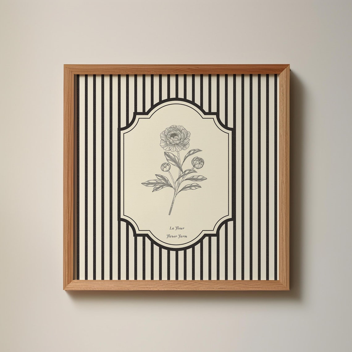 La Fleur Striped Black White Peony Botanical Frame Art Poster