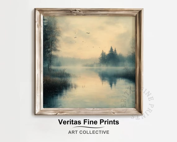 Misty Lake At Dawn Wall Art Moody Foggy Forest Painting Serene Nature Scene Soft Etheric Landscape