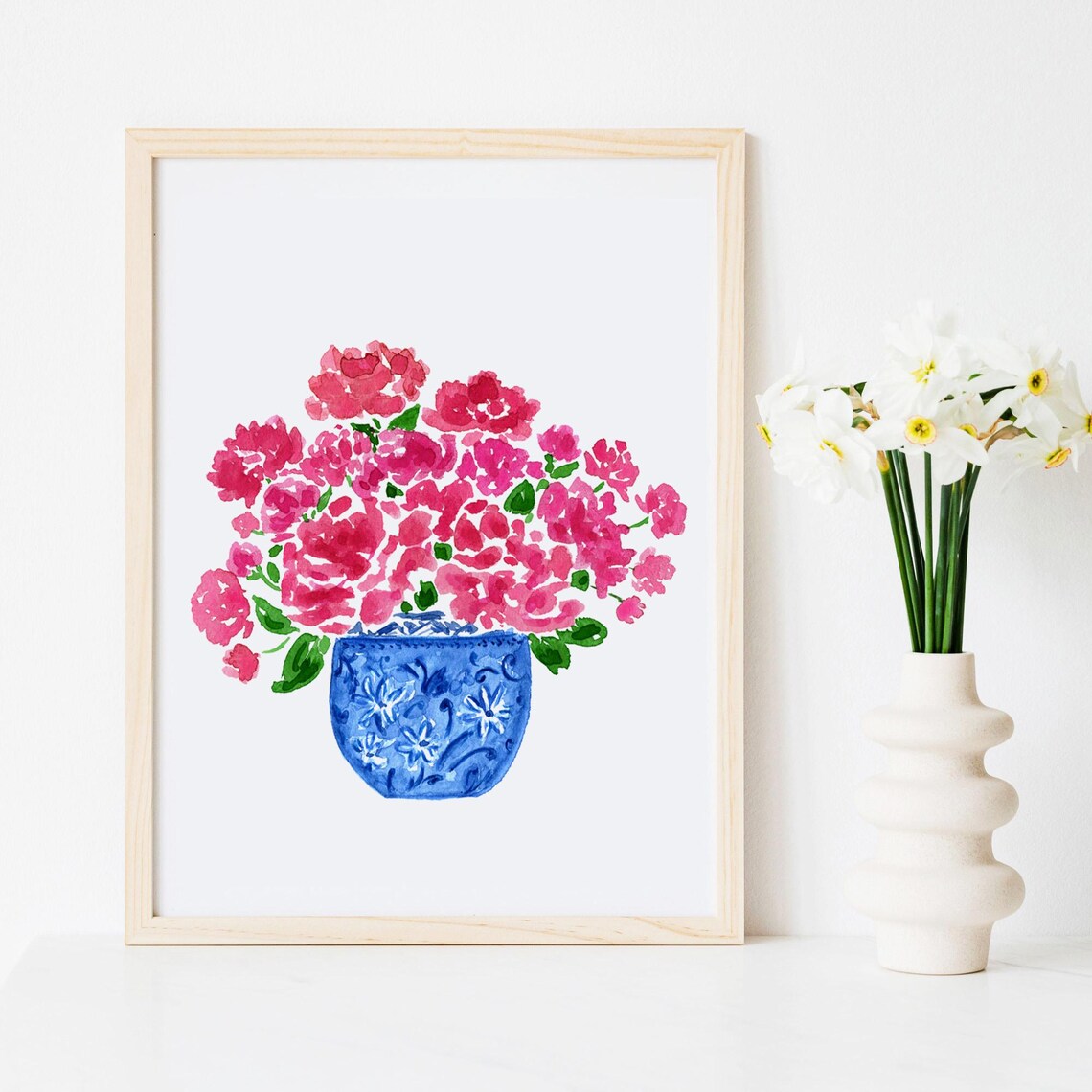 Peonies in Blue and White Vase Watercolor Art Print - Image 3